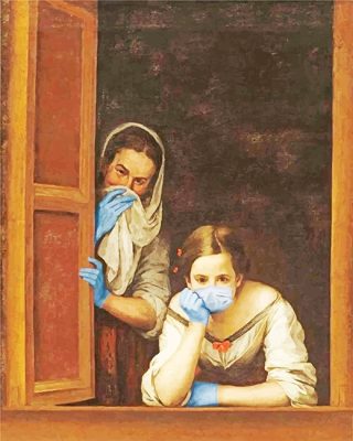 Two Women At Window Wearing Masks Paint By Numbers