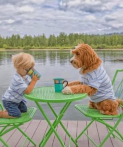 Boy Drinking Coffee With His Puppy Paint By Numbers