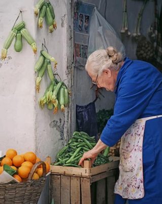 Old Woman Selling Fruits And Vegetables Paint By Numbers