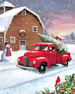 Christmas Red Truck In Snow Paint By Numbers