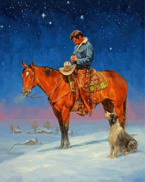 Cowboy And Dog In Snow Paint By Numbers