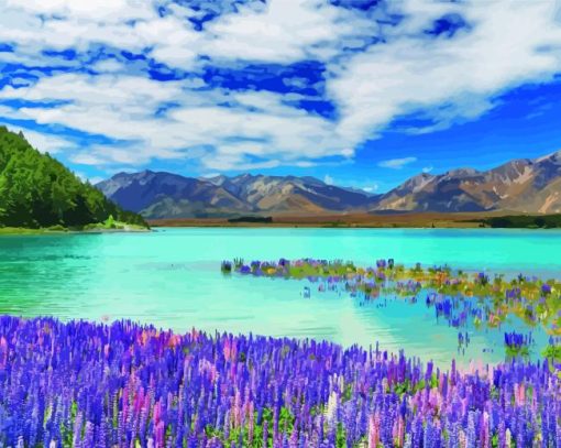 Purple Flowers By Lake Tekapo Paint By Numbers