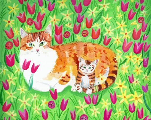 Flowers And Cat In Garden Paint By Numbers