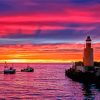 Pink Sunset With Boats And Lighthouse Paint By Numbers