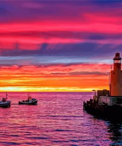 Pink Sunset With Boats And Lighthouse Paint By Numbers