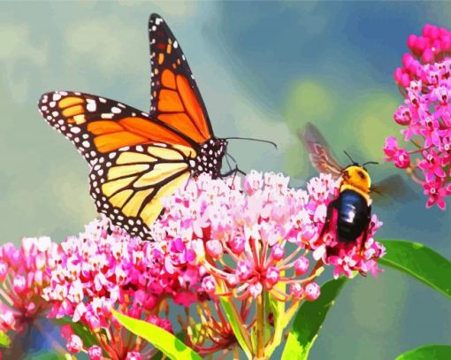 Butterfly And Bee On Pink Flower Paint By Numbers