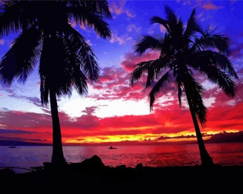 Canoe At Sunset With Palm Trees Paint By Numbers