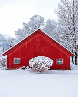 Red Barn In Winter Paint By Numbers