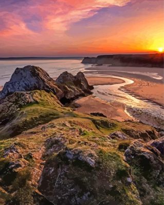 Sunset At Three Cliffs Bay Paint By Numbers