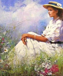 Victorian Woman Sitting On Grass With Flowers Paint By Numbers