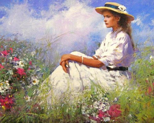 Victorian Woman Sitting On Grass With Flowers Paint By Numbers