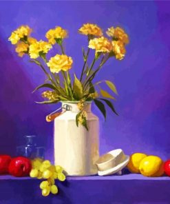 Yellow Carnations Vase And Fruits Paint By Numbers