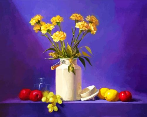 Yellow Carnations Vase And Fruits Paint By Numbers