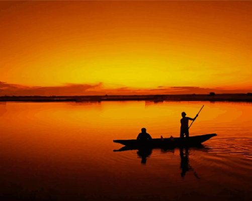 Sunset And Fishermen On Boat Paint By Numbers