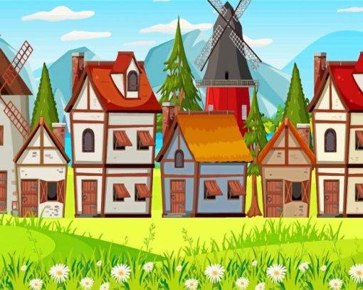 Cartoon Village Houses Paint By Numbers