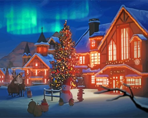 Christmas Snow Night With Aurora Lights Paint By Numbers