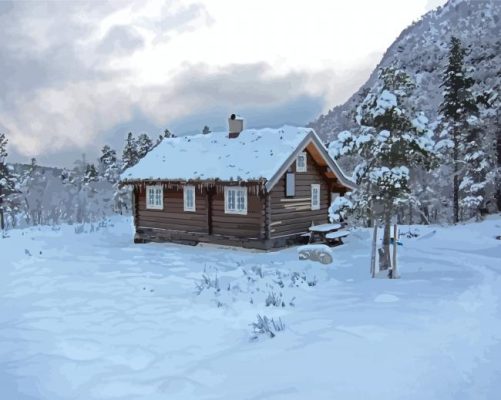 Norwegian Cabin In Snow Paint By Numbers