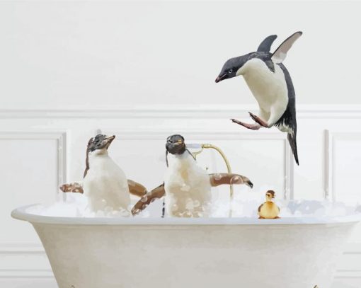 Penguins Playin In Bath Paint By Numbers