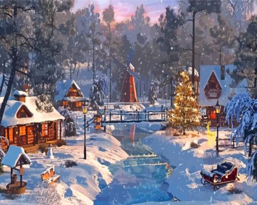 Snowy Village Paint By Numbers