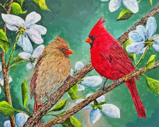 Cardinals Couple On Flowering Tree Paint By Numbers