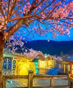 Japan Cherry Blossom Kintaikyo Bridge Paint By Numbers