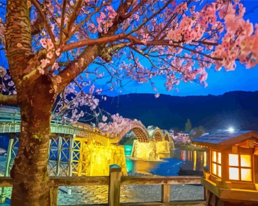 Japan Cherry Blossom Kintaikyo Bridge Paint By Numbers