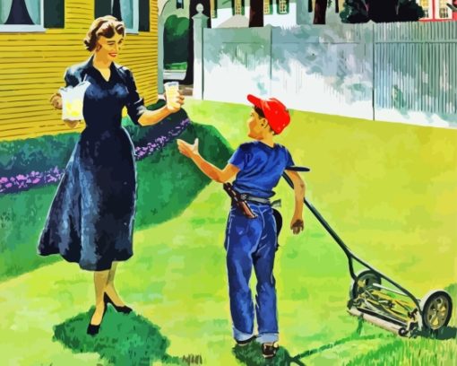 Little Boy Mowing Grass Paint By Numbers