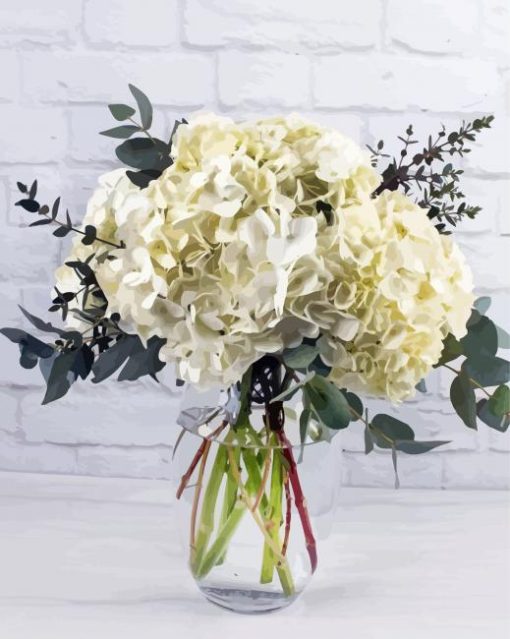 White Hydrangea In Glass Vase Paint By Numbers