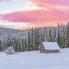 Wooden Cottages In The Winter Forest At Sunset Paint By Numbers