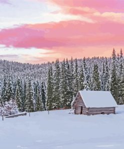 Wooden Cottages In The Winter Forest At Sunset Paint By Numbers