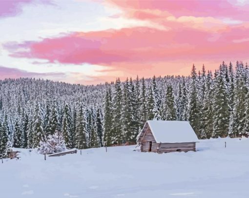 Wooden Cottages In The Winter Forest At Sunset Paint By Numbers