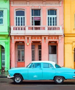 Old Pastel Blue Car With Colorful Building Paint By Numbers