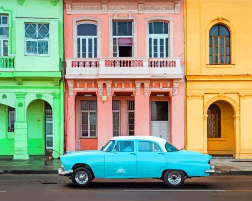 Old Pastel Blue Car With Colorful Building Paint By Numbers