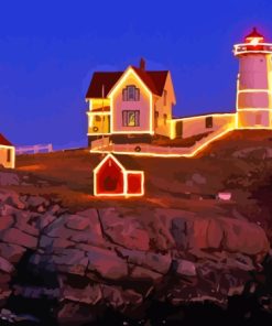 Nubble Lighthouse York Maine With Christmas Lights Paint By Numbers