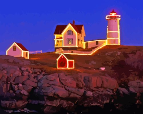 Nubble Lighthouse York Maine With Christmas Lights Paint By Numbers