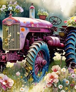 Old Pink Tractor And Flowers Paint By Numbers