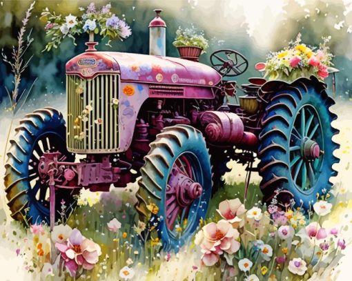 Old Pink Tractor And Flowers Paint By Numbers