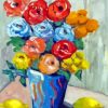 Colorful Flowers In Blue Vase With Lemons Paint By Numbers