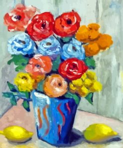 Colorful Flowers In Blue Vase With Lemons Paint By Numbers