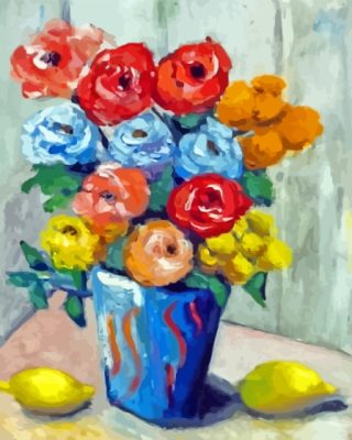 Colorful Flowers In Blue Vase With Lemons Paint By Numbers