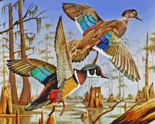 Flying Wood Ducks Paint By Numbers