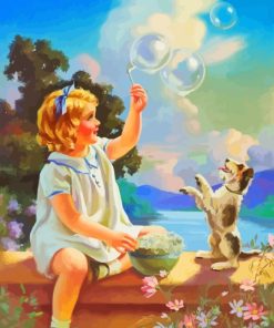 Little Girl Blowing Bubbles With Dog Paint By Numbers