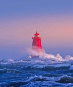 Red Lighthouse In Storm Paint By Numbers