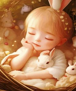 Sleepy Girl And White Bunnies Paint By Numbers