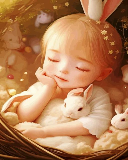 Sleepy Girl And White Bunnies Paint By Numbers