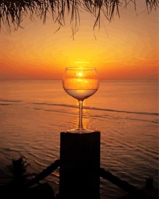 Sunset Wine Glass With Seascape Paint By Numbers