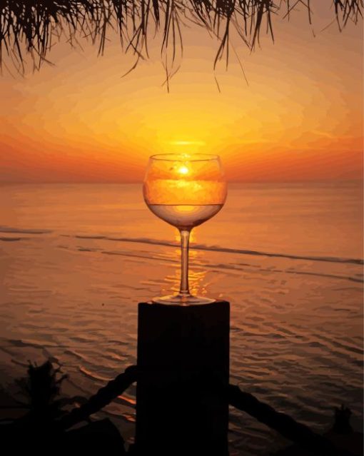 Sunset Wine Glass With Seascape Paint By Numbers