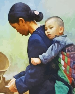 Vintage Asian Mother And Child Paint By Numbers