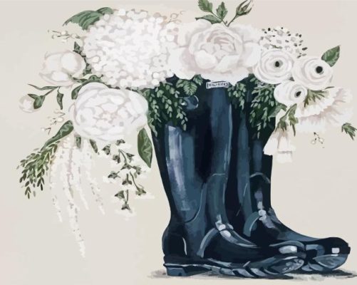 Rain Boots And White Peonies Paint By Numbers