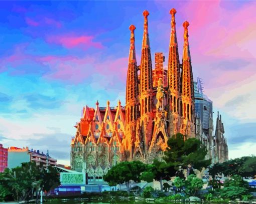 Sagrada Familia With Pink Sky Paint By Numbers